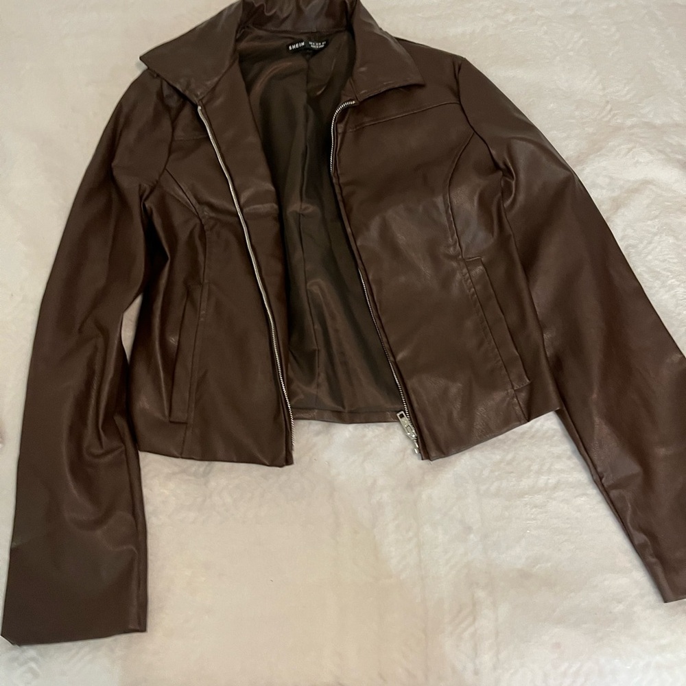 SHEIN Chocolate Brown faux Leather Jacket
